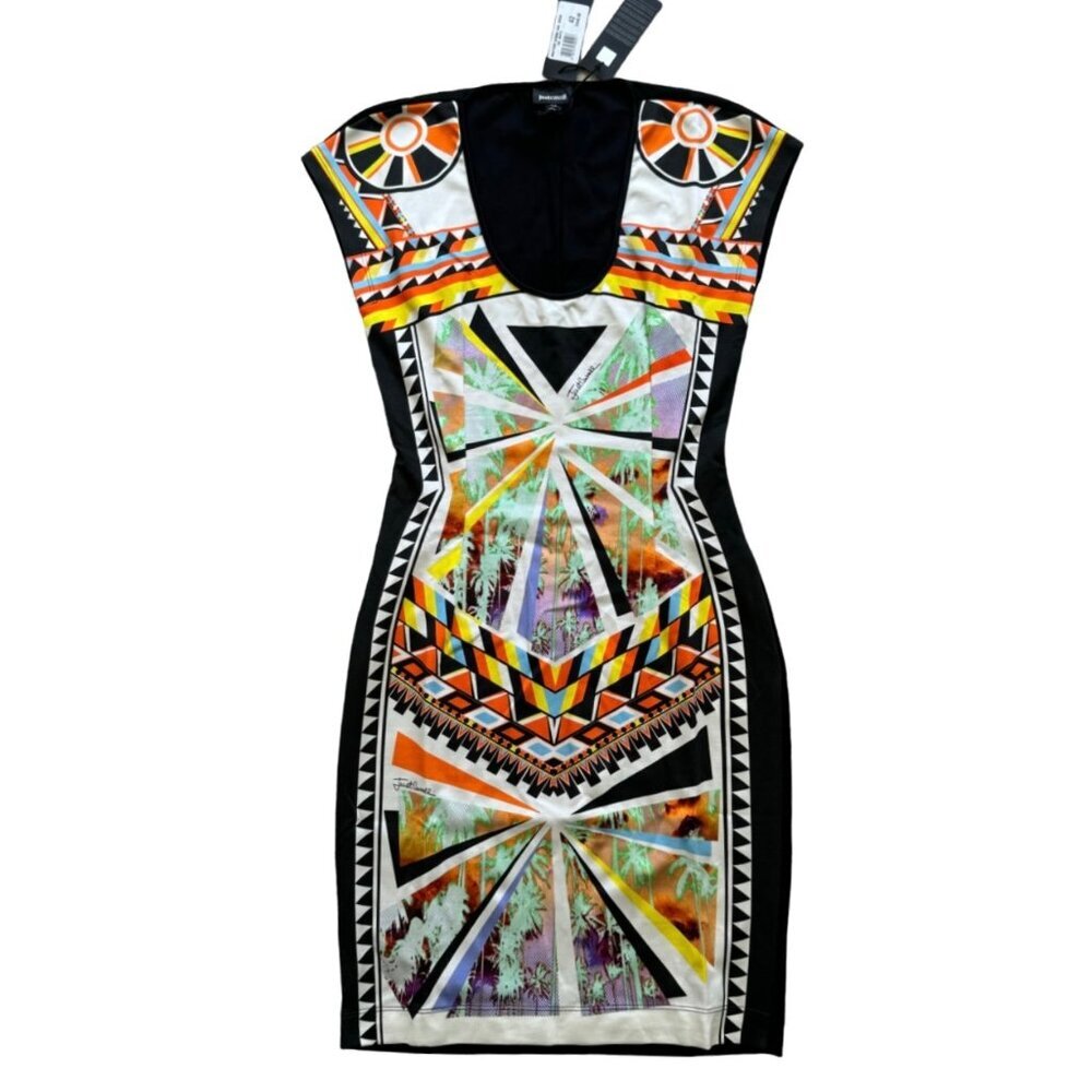 NWT Just Cavalli Bodycon Graphic Print Palm Tree Knee Length Dress Size 42